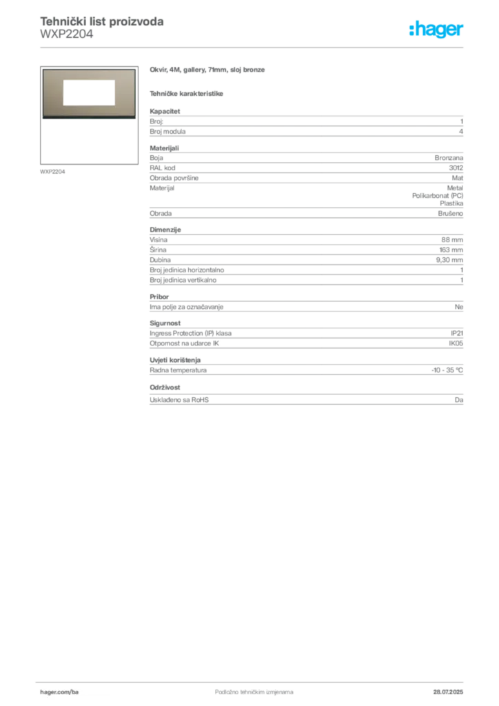 Slika Hager Product data sheet WXP2204  | Hager