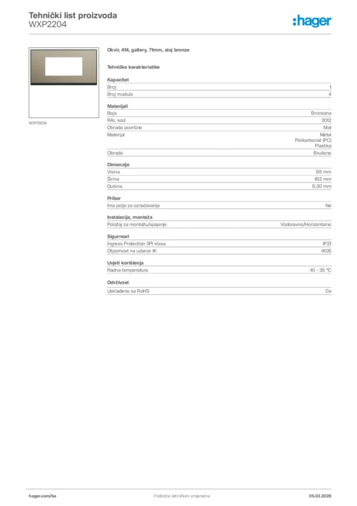 Slika Hager Tehnički list proizvoda WXP2204  | Hager