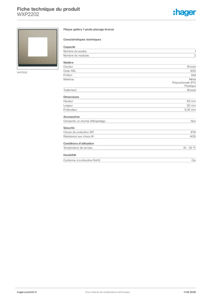 Image Hager Fiche technique du produit WXP2202 | Hager Afrique