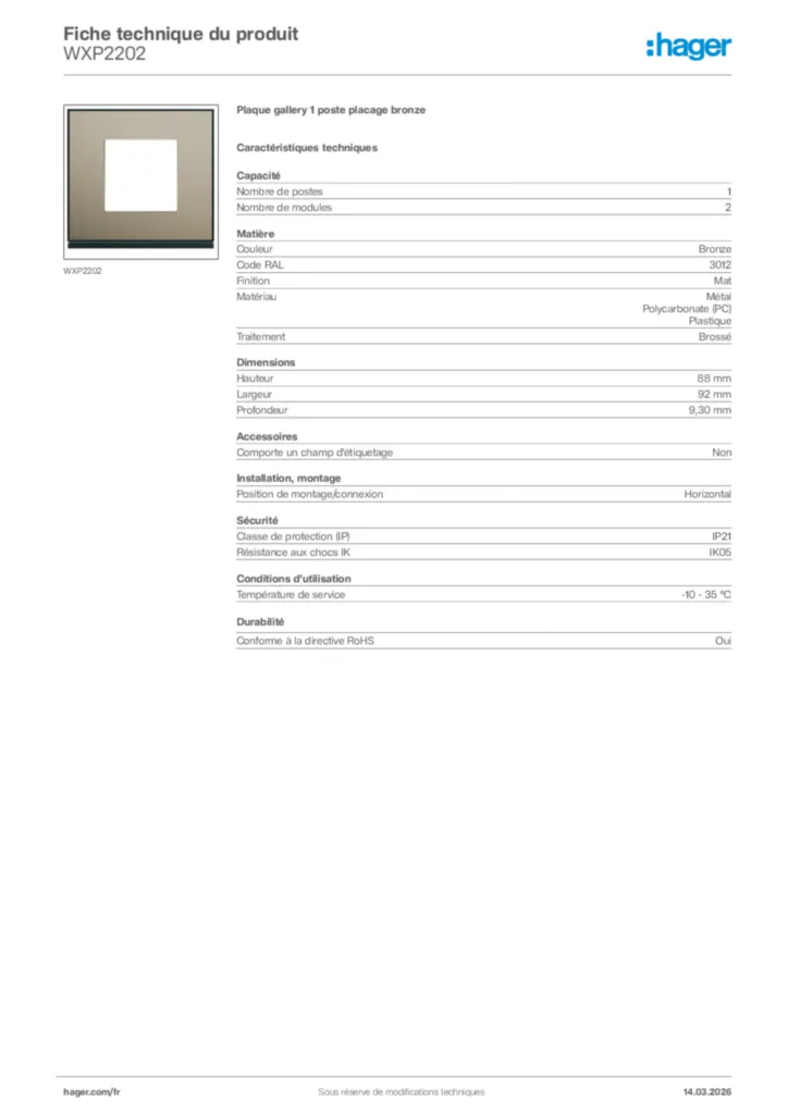 Image Hager Fiche technique du produit WXP2202 | Hager France