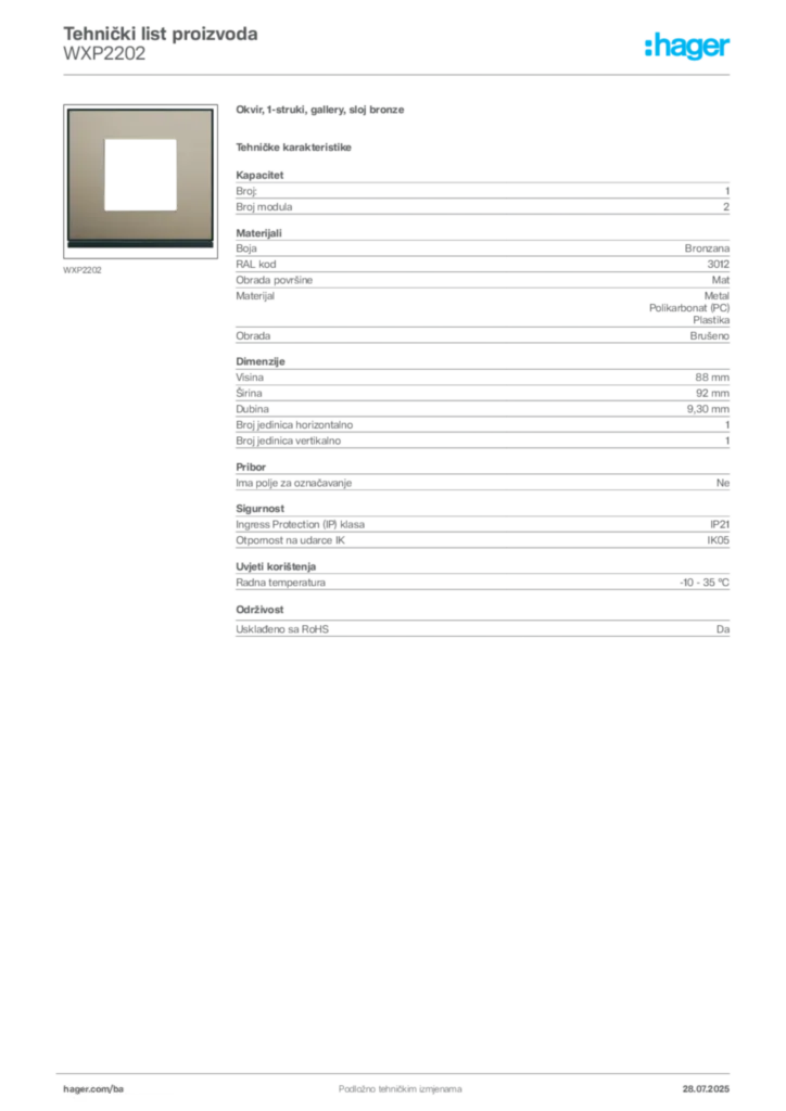 Slika Hager Product data sheet WXP2202  | Hager