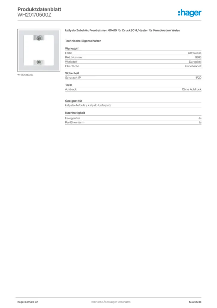 Bild Hager Produktdatenblatt WH20170500Z | Hager Schweiz
