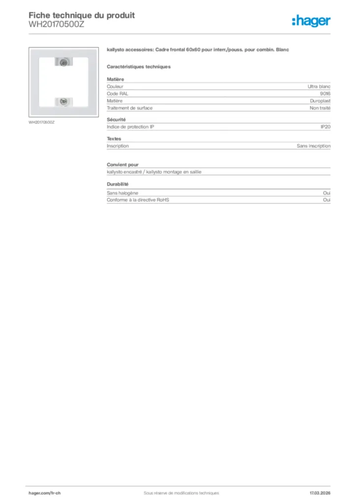Image Hager Fiche technique du produit WH20170500Z | Hager Suisse