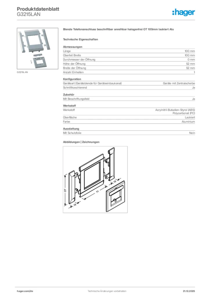 Bild Hager Produktdatenblatt G3215LAN | Hager Deutschland