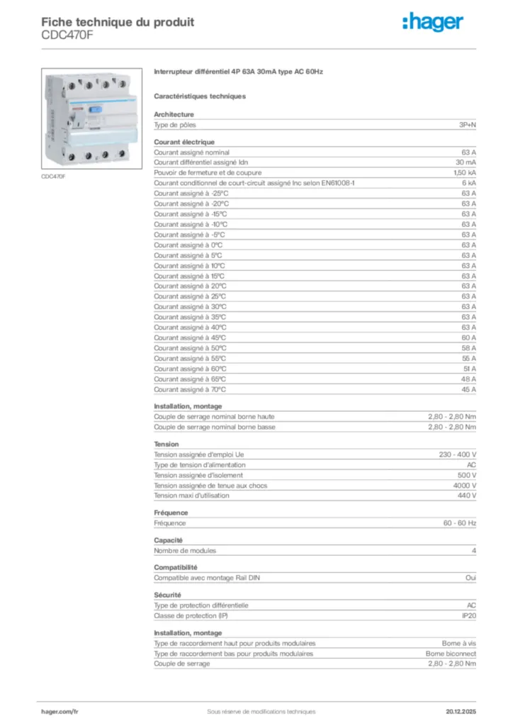 Image Hager Fiche technique du produit CDC470F | Hager France