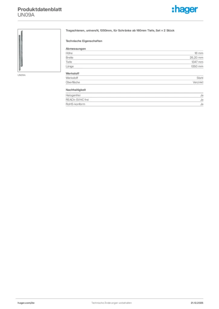 Bild Hager Produktdatenblatt UN09A | Hager Deutschland