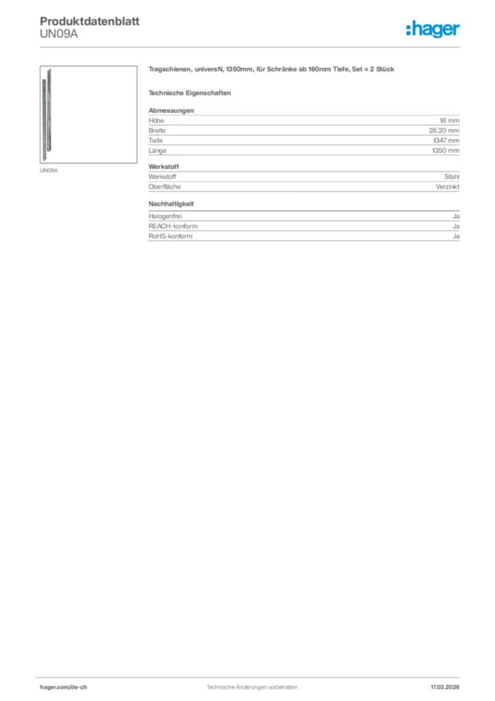 Bild Hager Produktdatenblatt UN09A | Hager Schweiz