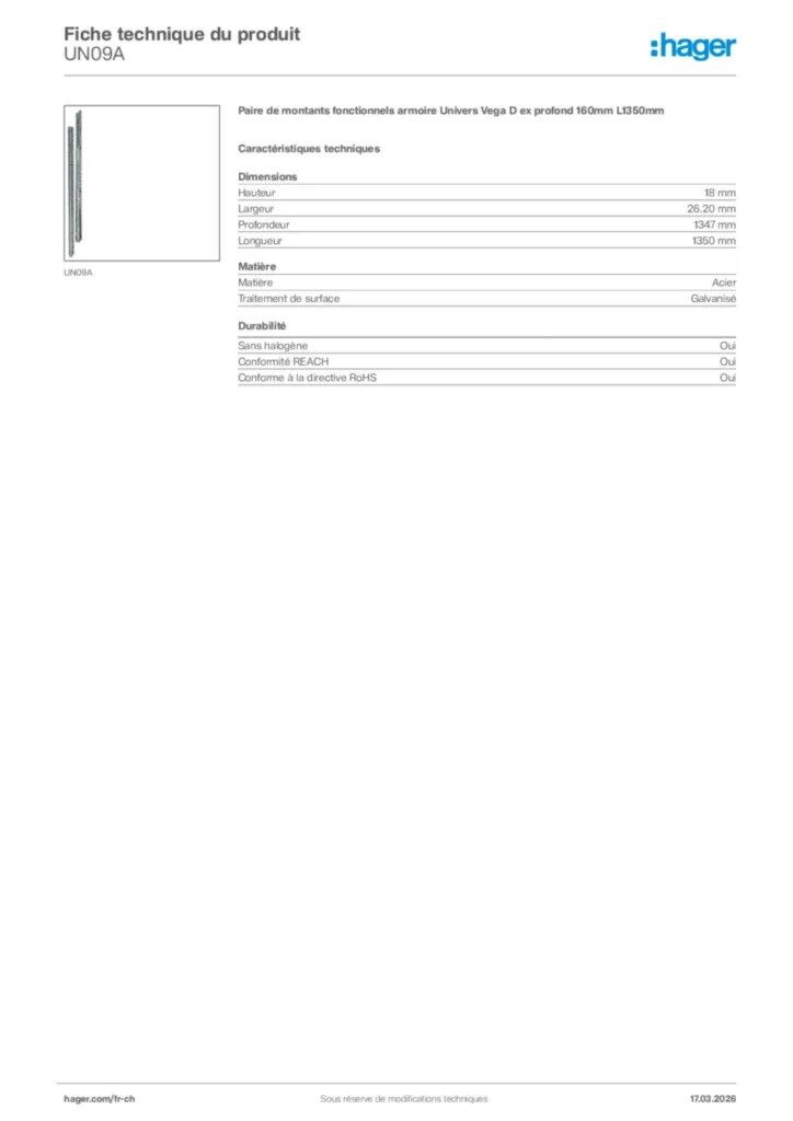 Image Hager Fiche technique du produit UN09A | Hager Suisse