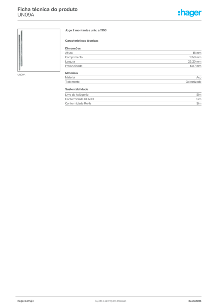 Imagem Hager Ficha técnica do produto UN09A | Hager Portugal