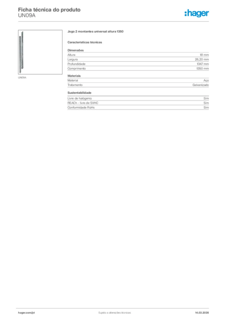 Imagem Hager Ficha técnica do produto UN09A | Hager Portugal