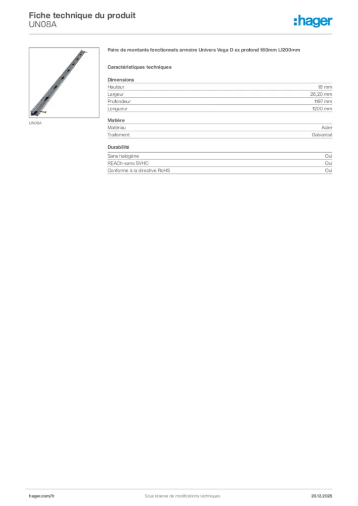 Image Hager Fiche technique du produit UN08A | Hager France