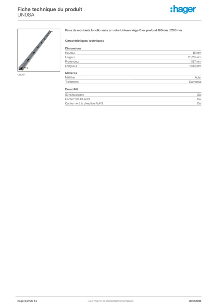 Image Hager Fiche technique du produit UN08A | Hager Belgique