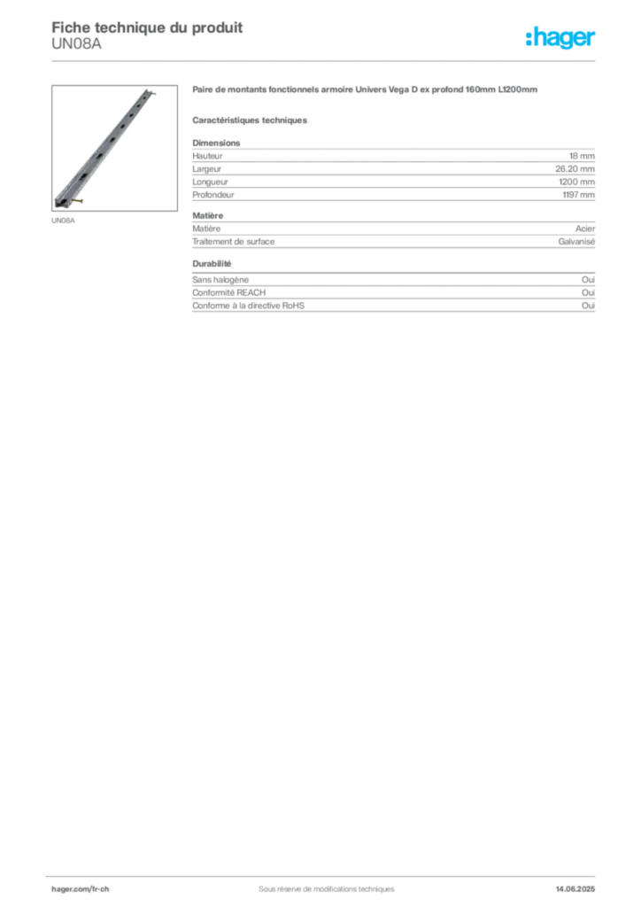 Image Hager Fiche technique du produit UN08A | Hager Suisse
