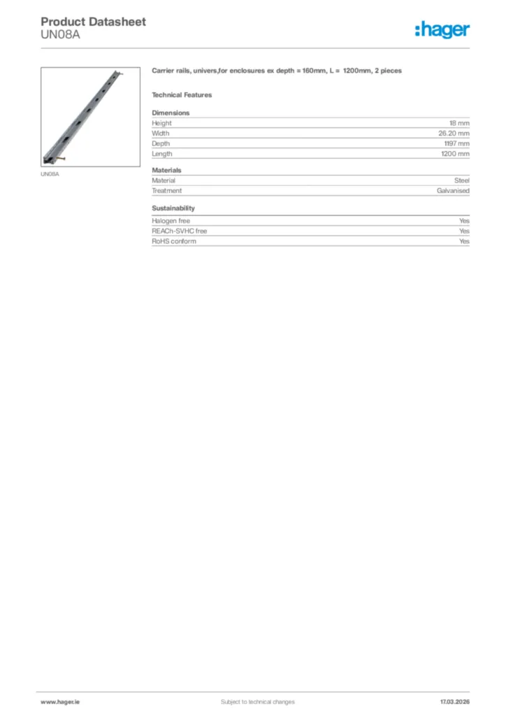 Image Hager Product data sheet UN08A  | Hager