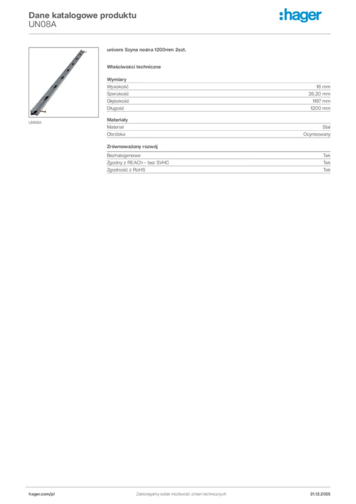 Zdjęcie Hager Dane katalogowe produktu UN08A | Hager Polska