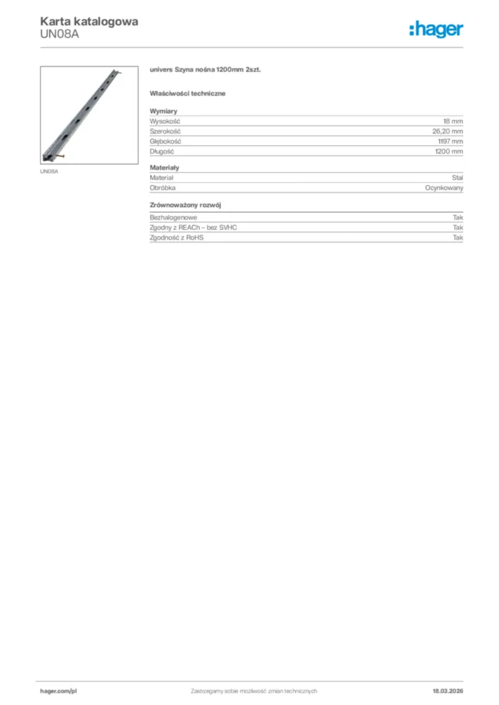 Zdjęcie Hager Karta katalogowa UN08A | Hager Polska