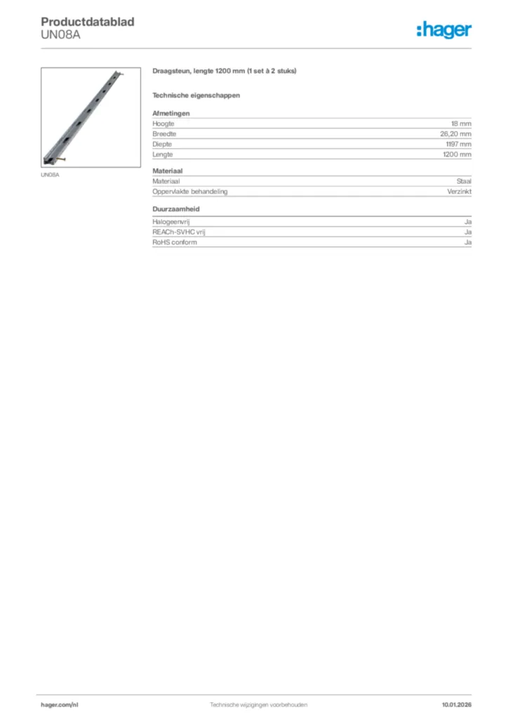 Afbeelding Hager Productdatablad UN08A | Hager Nederland