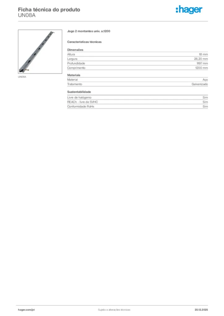 Imagem Hager Ficha técnica do produto UN08A | Hager Portugal