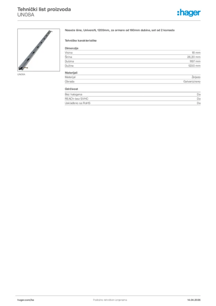 Slika Hager Tehnički list proizvoda UN08A  | Hager