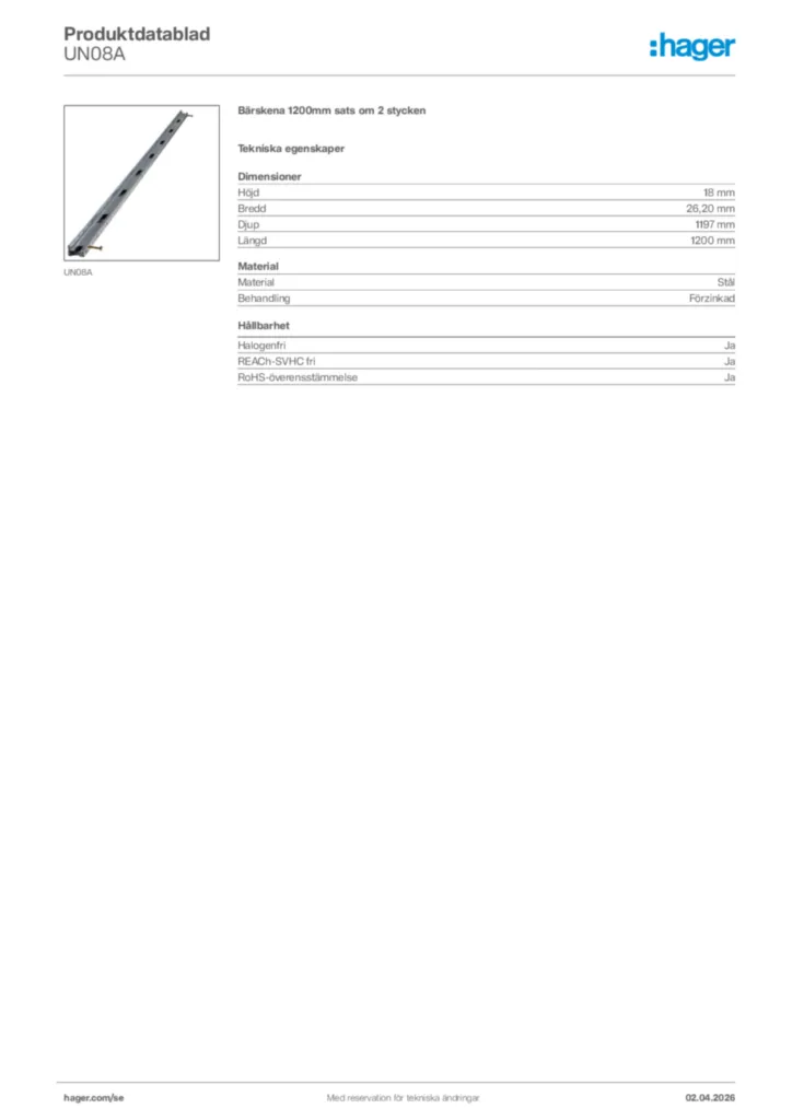 Bild Hager Produktdatablad UN08A | Hager Sverige