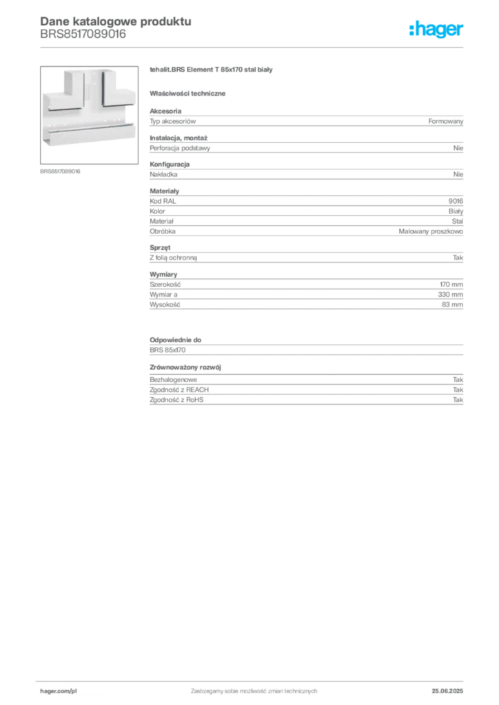 Zdjęcie Hager Dane katalogowe produktu BRS8517089016 | Hager Polska