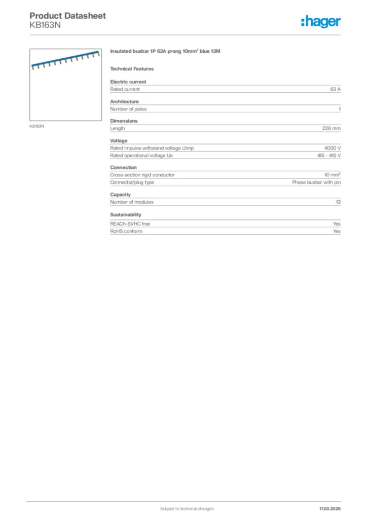 Image Hager Product data sheet KB163N  | Hager Africa