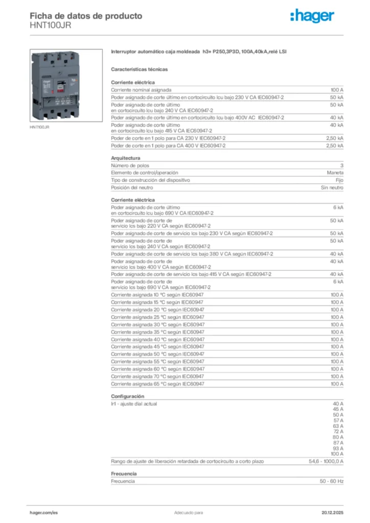 Imagen Hager Ficha de datos de producto HNT100JR | Hager España