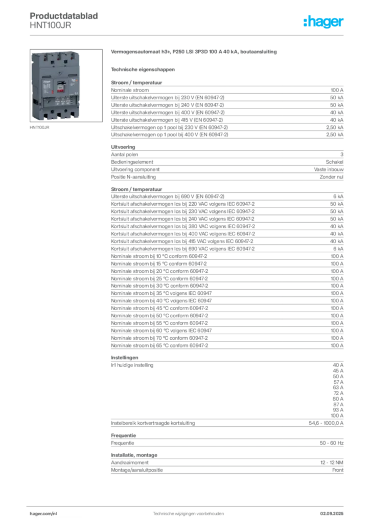 Afbeelding Hager Productdatablad HNT100JR | Hager Nederland