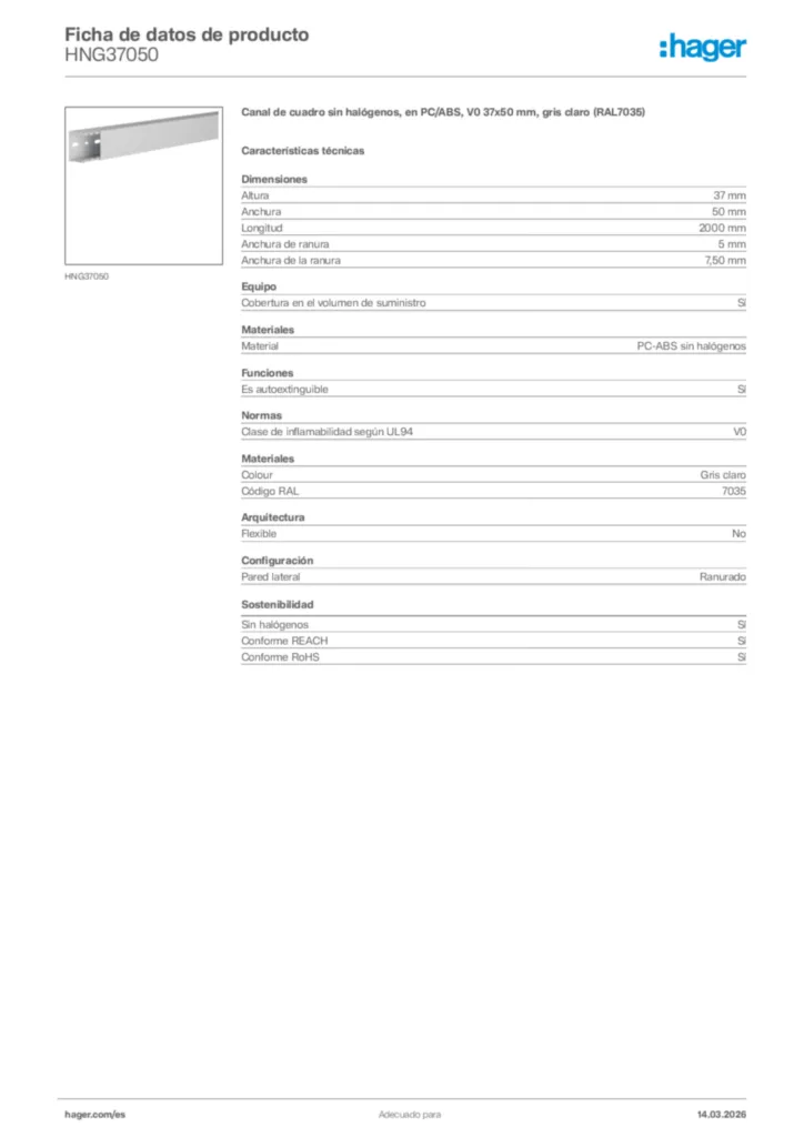 Imagen Hager Ficha de datos de producto HNG37050 | Hager España