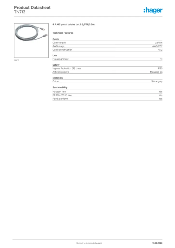 Image Hager Product data sheet TN713  | Hager Africa