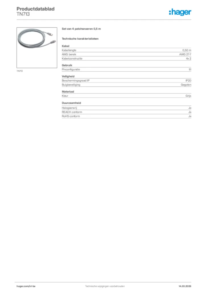 Afbeelding Hager Productdatablad TN713 | Hager Belgium