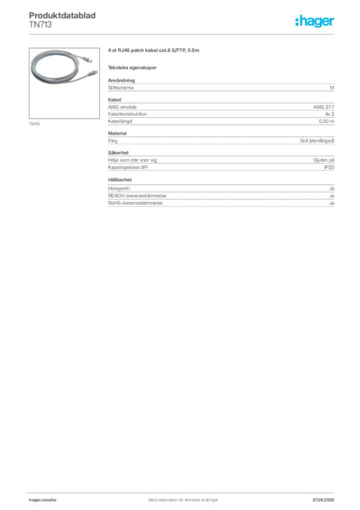 Bild Hager Produktdatablad TN713 | Hager Sverige