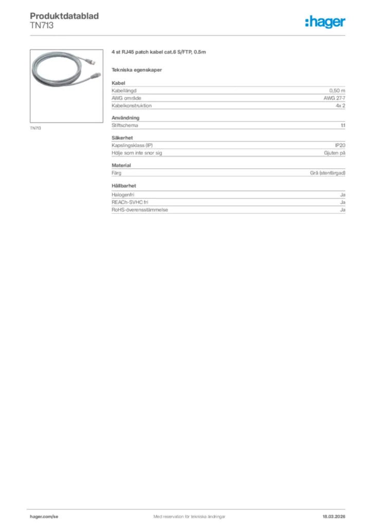 Bild Hager Produktdatablad TN713 | Hager Sverige