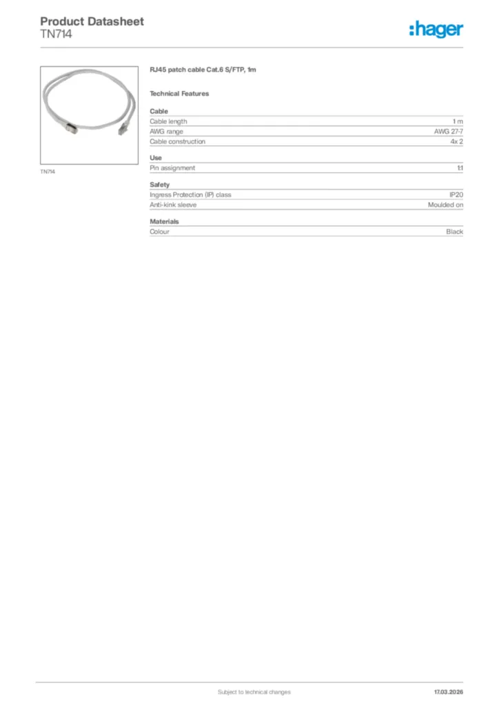 Image Hager Product data sheet TN714  | Hager Africa