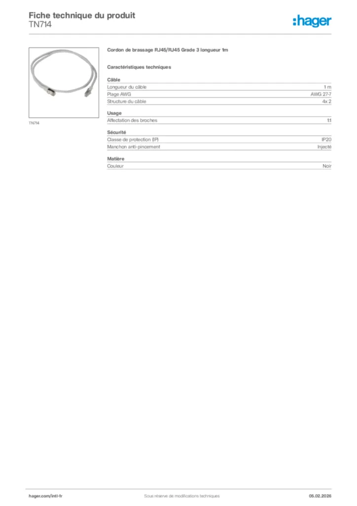 Image Hager Fiche technique du produit TN714 | Hager Afrique