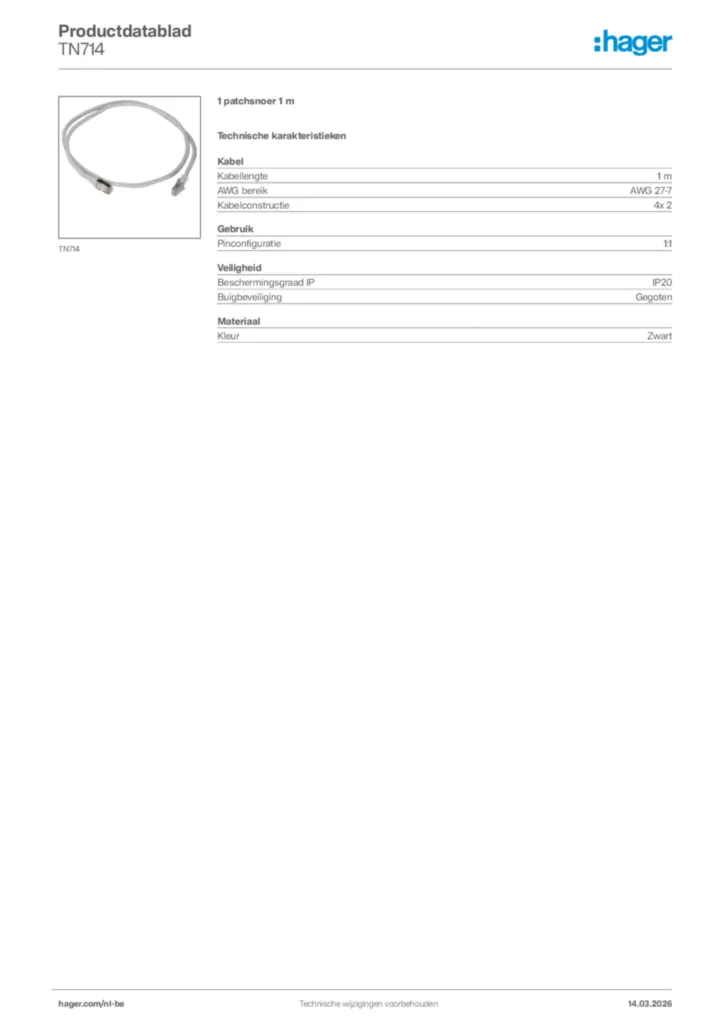 Afbeelding Hager Productdatablad TN714 | Hager Belgium