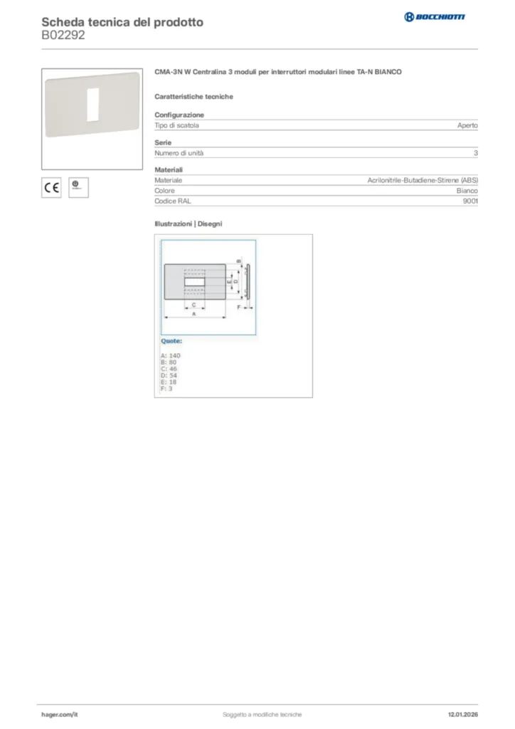 Immagine Bocchiotti Scheda tecnica del prodotto B02292 | Hager Italia
