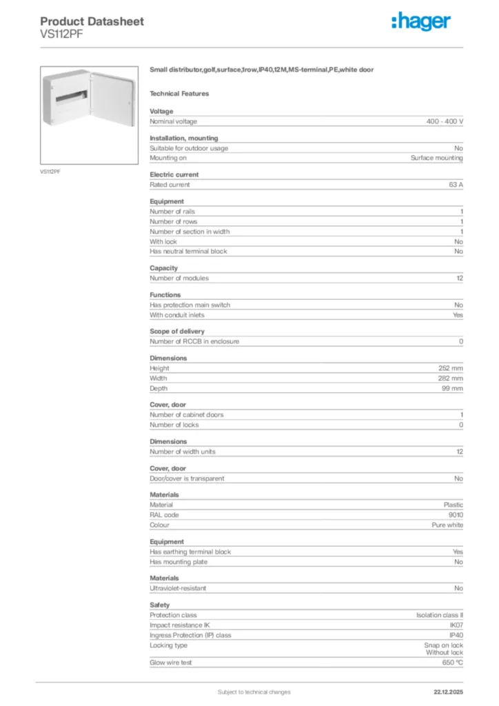 Image Hager Product data sheet VS112PF  | Hager Africa