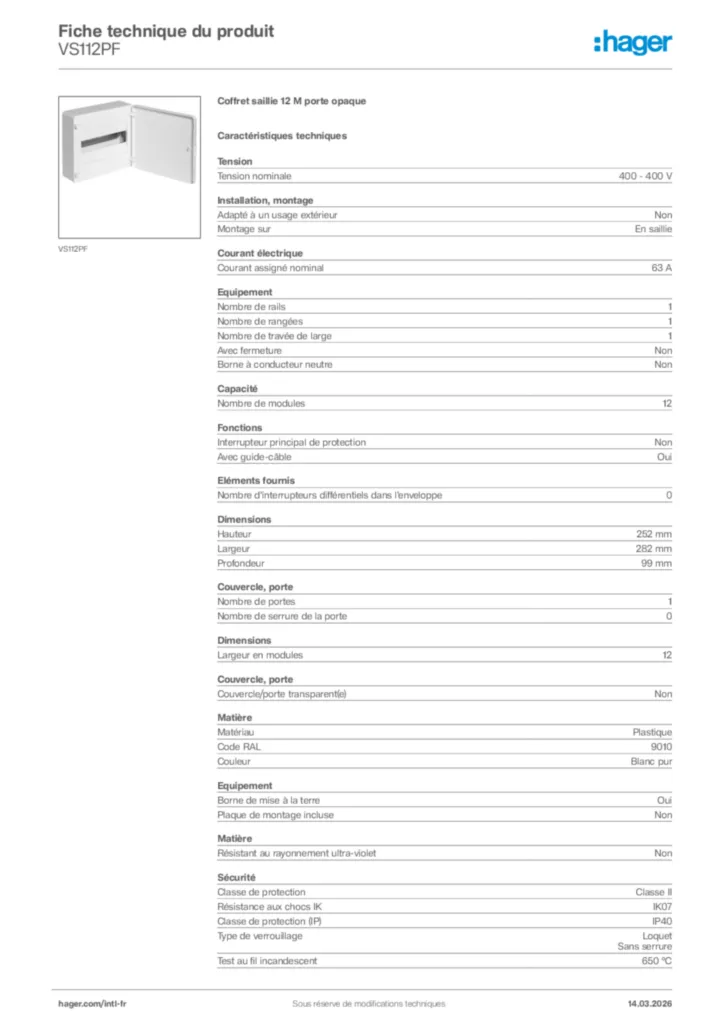 Image Hager Fiche technique du produit VS112PF | Hager Afrique