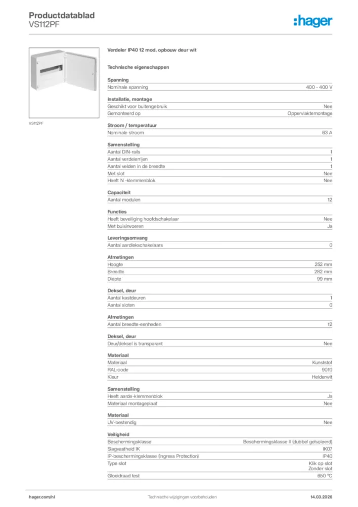 Afbeelding Hager Productdatablad VS112PF | Hager Nederland