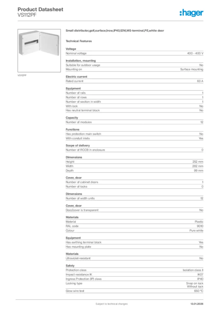 Image Hager Product data sheet VS112PF  | Hager