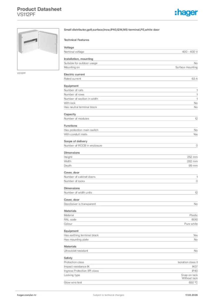 Image Hager Product data sheet VS112PF  | Hager