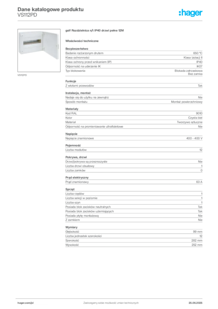 Zdjęcie Hager Dane katalogowe produktu VS112PD | Hager Polska