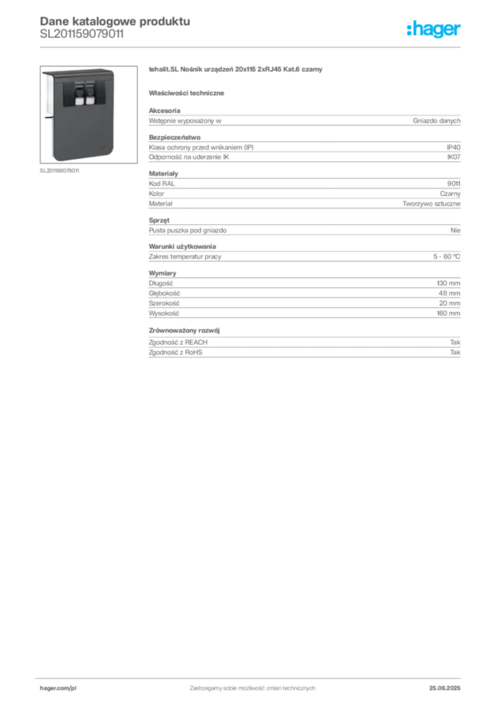 Zdjęcie Hager Dane katalogowe produktu SL201159079011 | Hager Polska