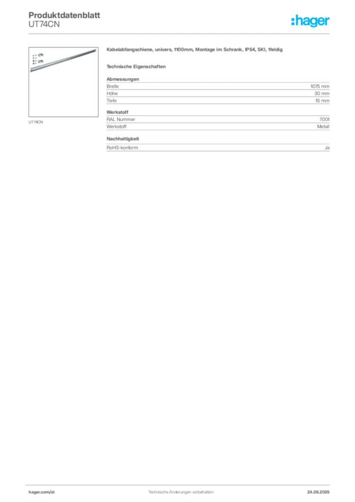 Bild Hager Produktdatenblatt UT74CN | Hager Deutschland