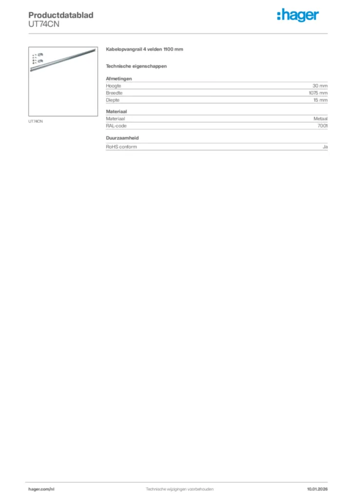 Afbeelding Hager Productdatablad UT74CN | Hager Nederland