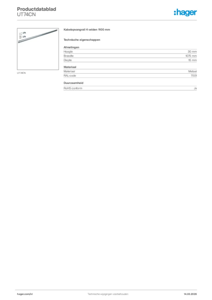 Afbeelding Hager Productdatablad UT74CN | Hager Nederland