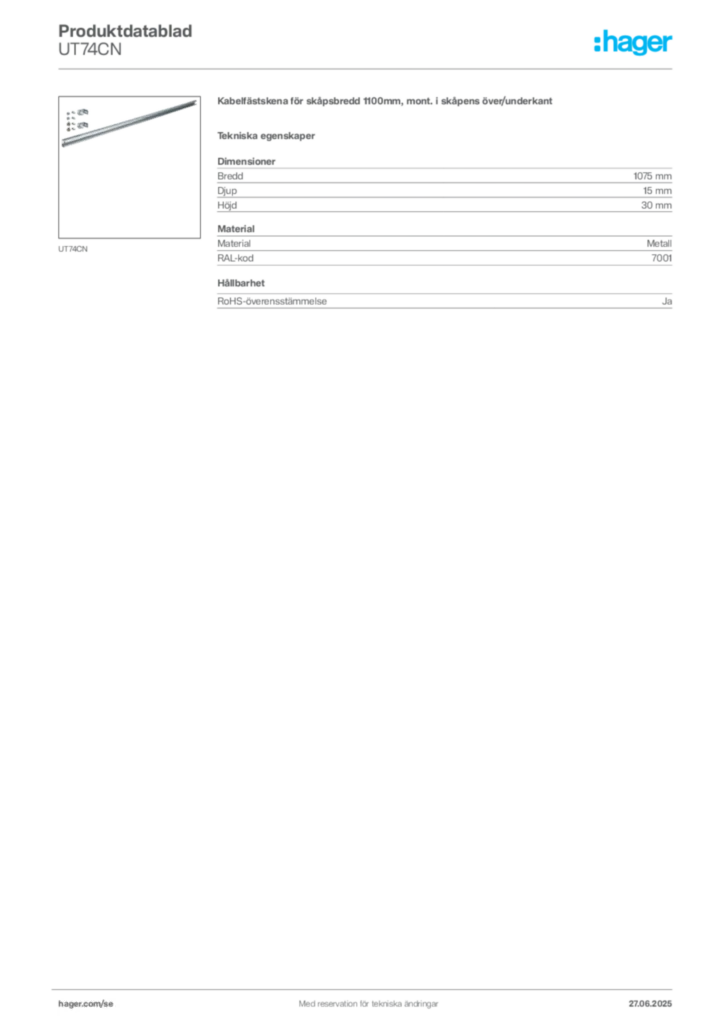 Bild Hager Produktdatablad UT74CN | Hager Sverige
