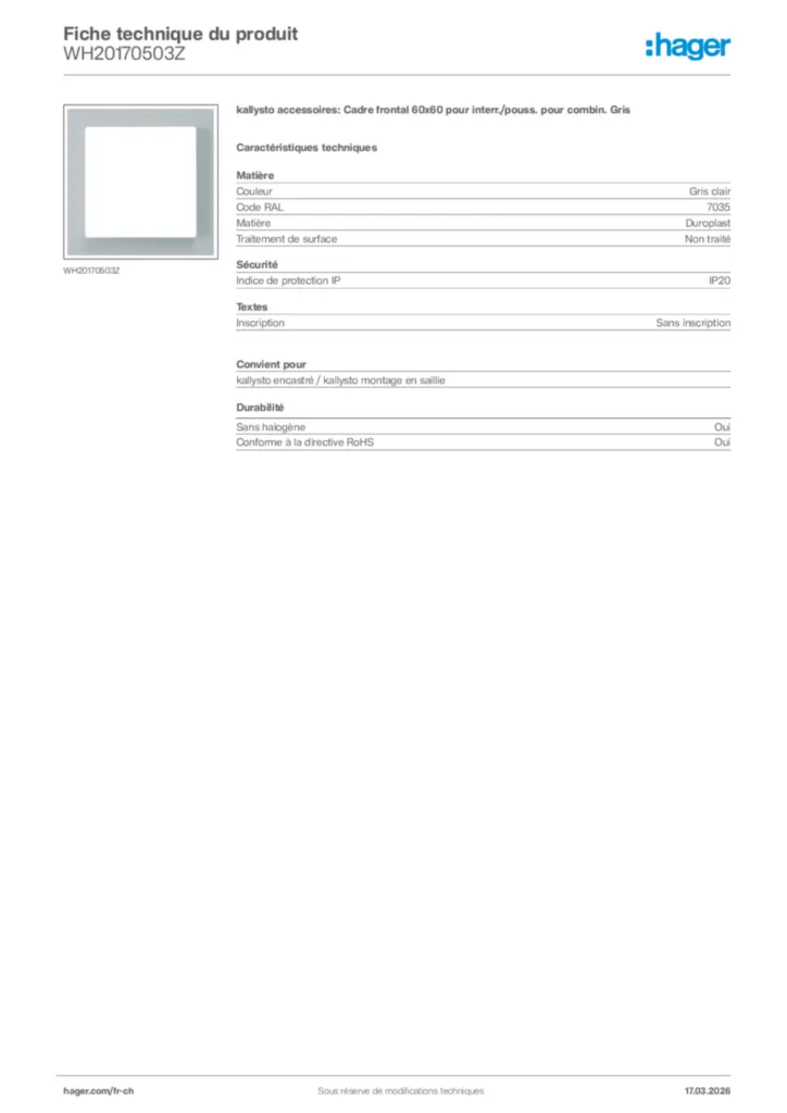 Image Hager Fiche technique du produit WH20170503Z | Hager Suisse