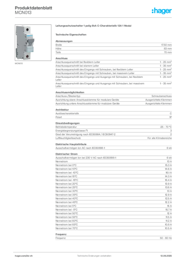 Bild Hager Produktdatenblatt MCN013 | Hager Schweiz